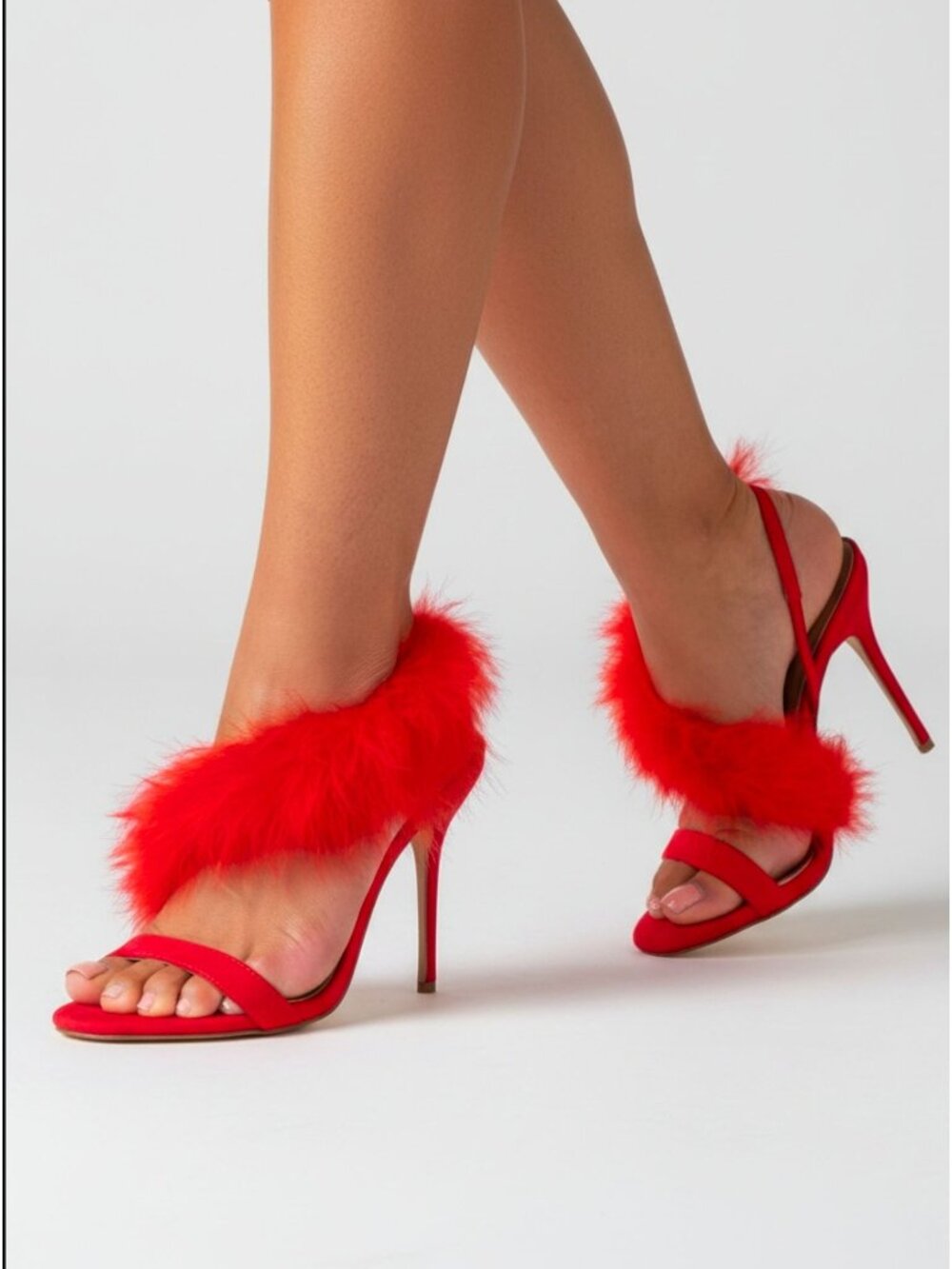 Red Fluffy Feather Strap Open-Toe Stiletto Heels For Women